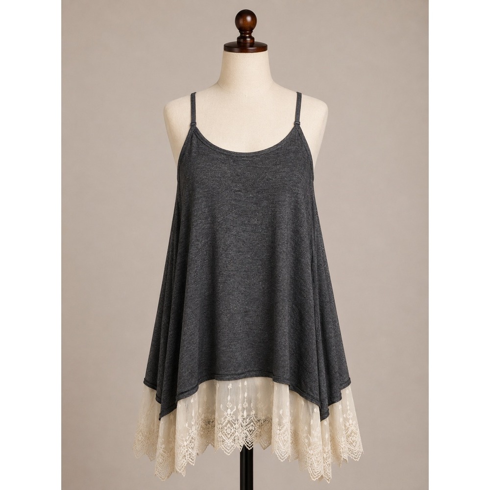 Vanity Essentials Grey Lace Trim Camisole Tank Top Large Boho Coquette Romantic